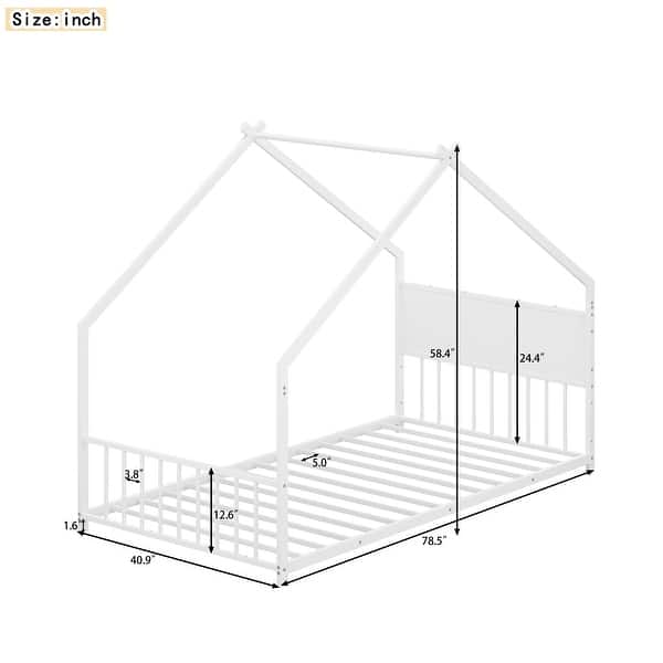Twin Size Kids' House Bed Frame with Canopy, Built-In Multi-Color LED Lights, Sturdy Metal Slats, Low-Profile Design