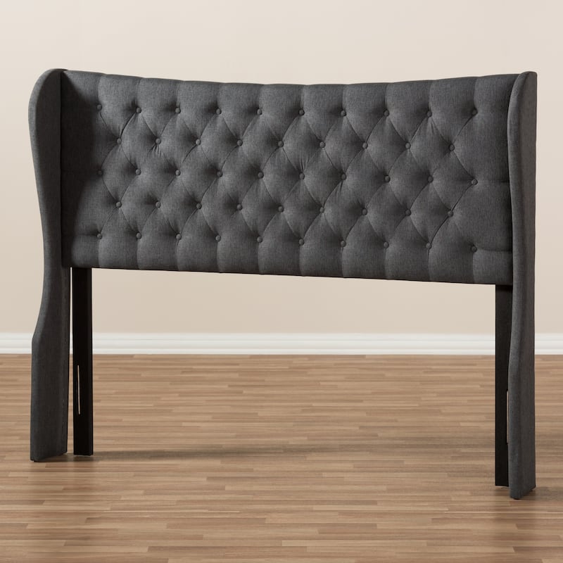 Modern Dark Grey Fabric Button Tufted Queen Size Winged Headboard with Padded Upholstery and Adjustable Legs