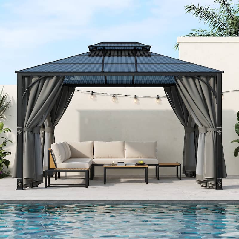 10'x12' Hardtop Outdoor Gazebo with Netting and Curtains for Patio or Backyard - Grey