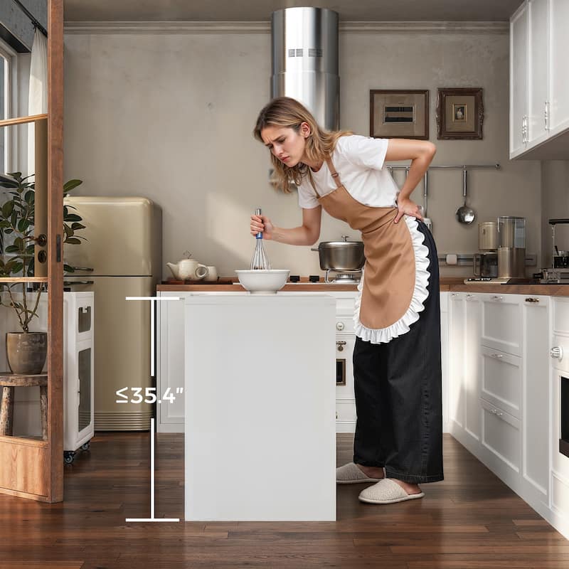 Modern Kitchen Island with Pull-Out Faux Marble Top, White Storage Cabinet with Large Capacity Shelves Kitchen Dining Table
