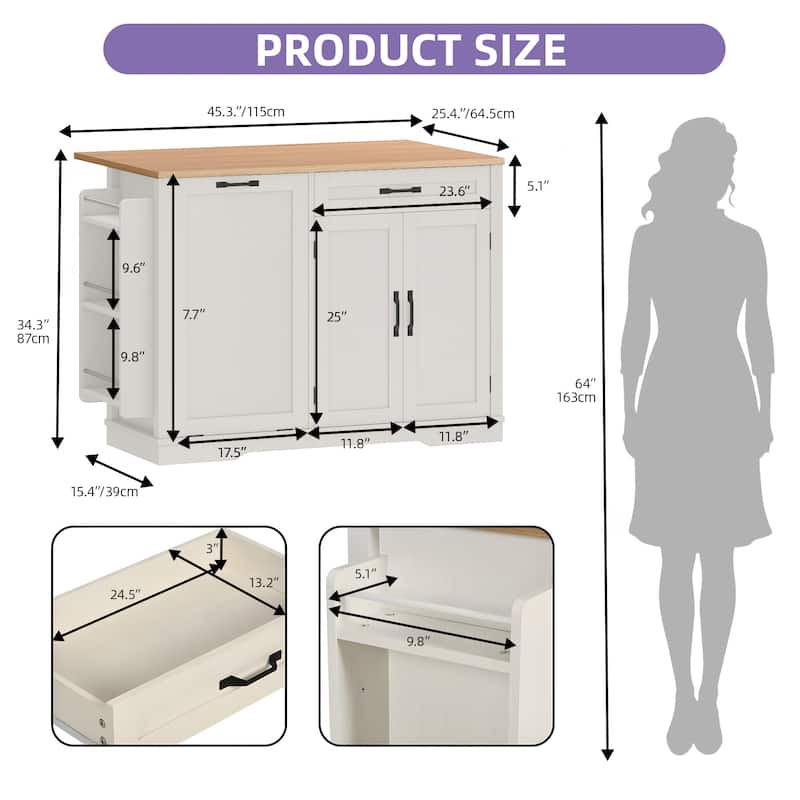 Moasis 50 Inch Drop Leaf Rolling Kitchen Island With Trash Can Storage Cabinet And Drawer