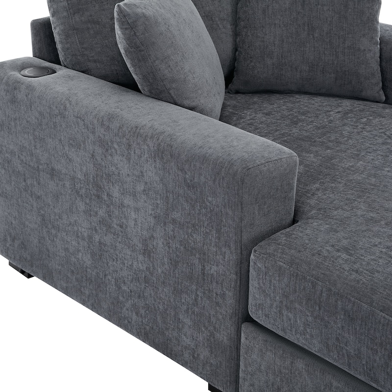 Chenille Fabric Chaise Lounges Couch with Pillows Charge Station and Cup Holders Lounge Chair Oversized Single Sofa Accent Chair