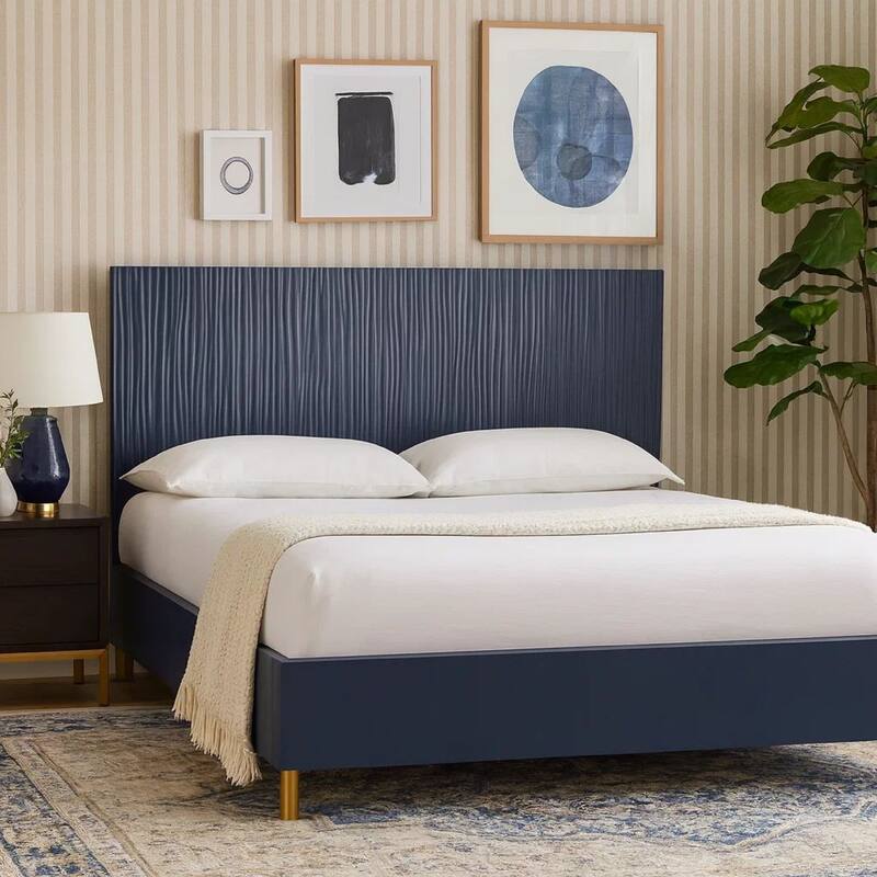 Herst Modern California King Bed, Brass Metal Legs, Wavy Texture Navy Blue