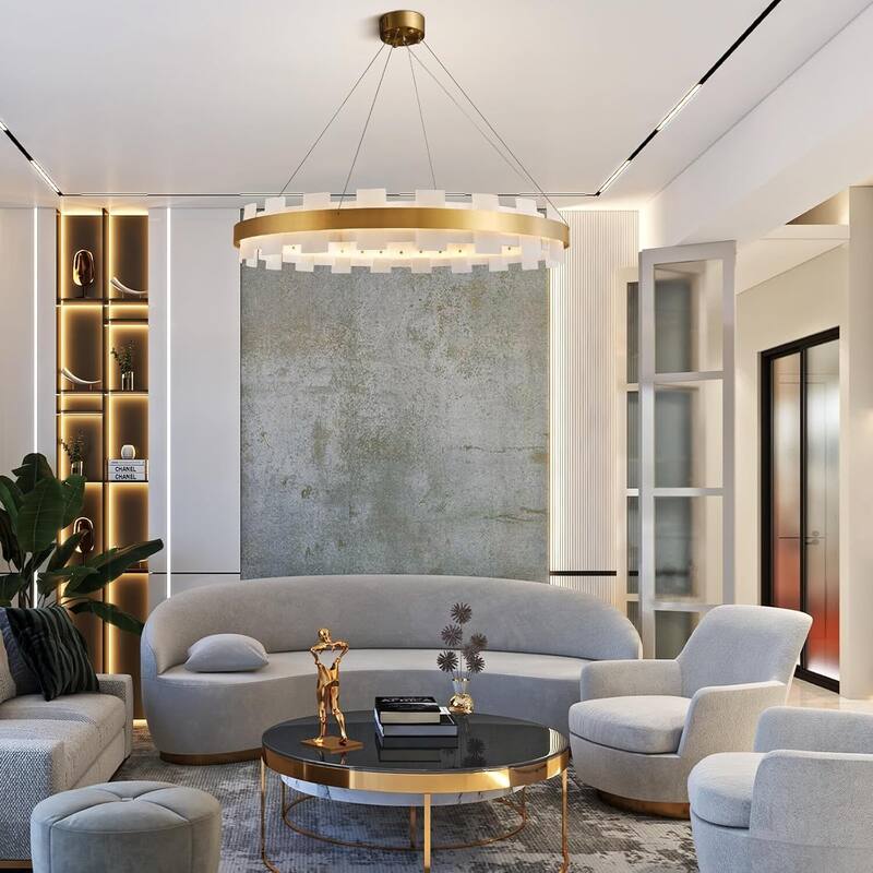 KAYLA Luxury Alabaster Chandelier, 37.4 in. Modern Integrated LED Gold Pendant Light for Entryway, Living Room & Foyer