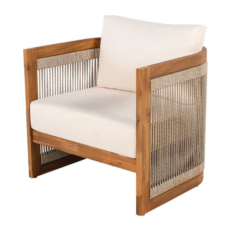 Premium Acacia Wood Outdoor Club Chair, Curved Tub Design with Woven Rope Accents, Water-Resistant Cushions