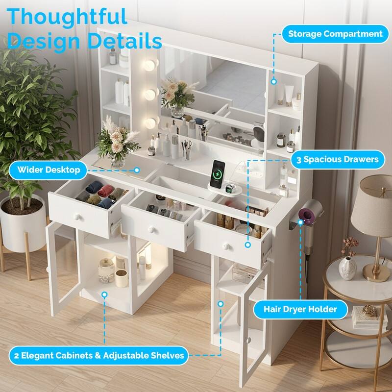 Particle Board Veneered 3 Drawers 2 Glass Doors Left and Right 2-tier Shelves Glass Tabletop Dressing Table - N/A