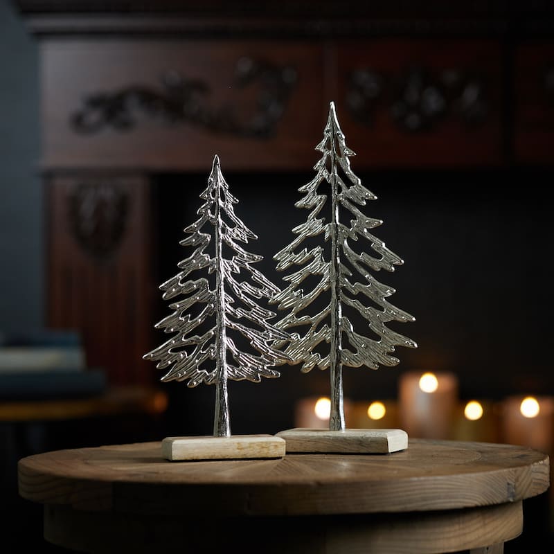 Set of 2 Modern Metal Trees with Wood Base for Christmas Decor