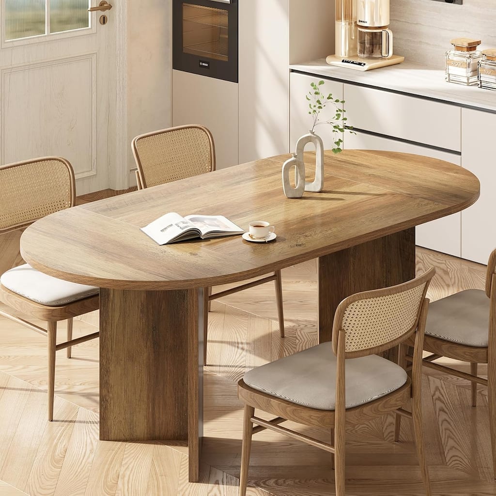 63" Rustic Oval Dining Table for 4-6,Farmhouse Kitchen Table with Metal Strip Base