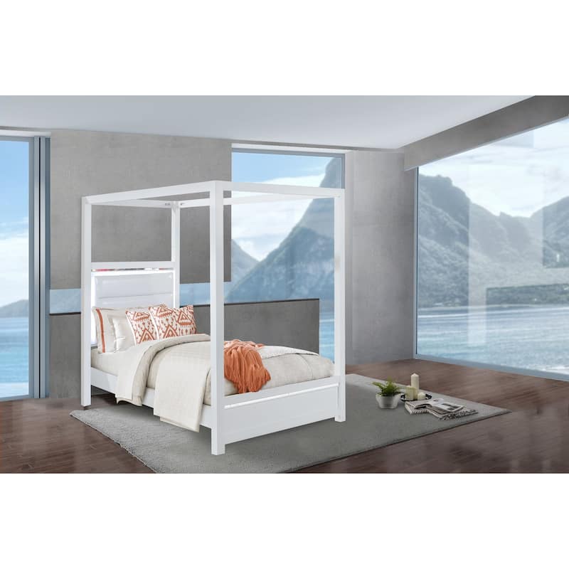 Glam Canopy Bed with Faux Leather Headboard & LED Lighting