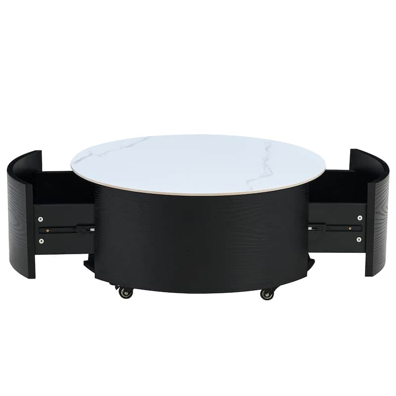 Modern Round Movable Coffee Table with Casters, 2 Drawers, Marble Pattern Sintered Stone Top, 29.5"
