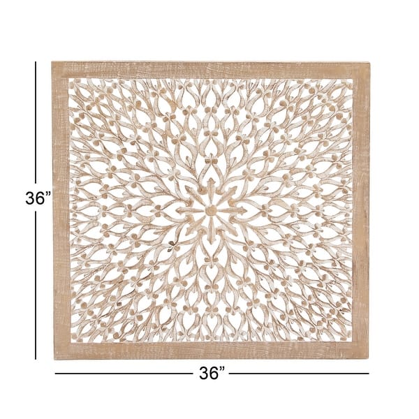 dimension image slide 1 of 2, Light Brown Wood Handmade Intricately Carved Floral Home Wall Decor with Mandala Design