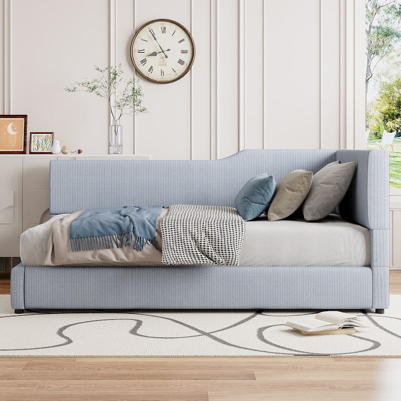 L-Shaped Backrest Bed Frame, Corduroy Upholstered Daybed, Wood Low Profile Panel Bed for Bedroom - Gray - Twin