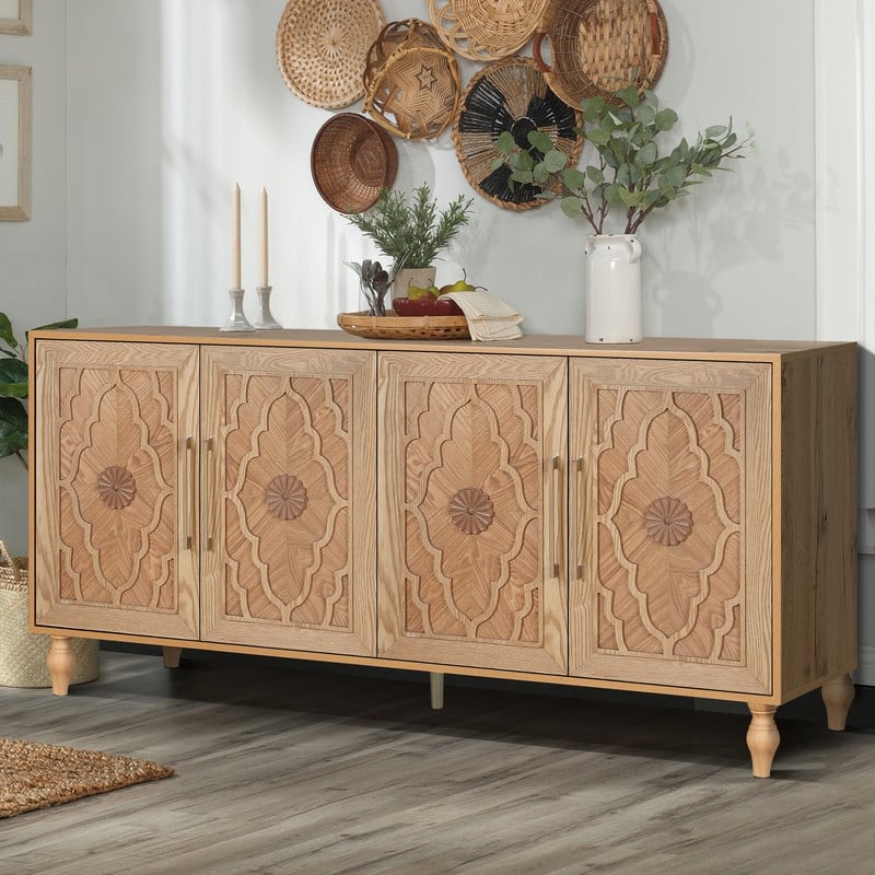 Carved Floral Door Large Storage Cabinet with Metal Handle for Living Room, Kitchen, Entryway