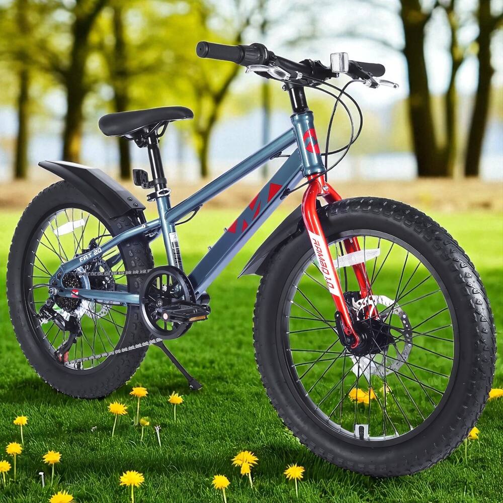 20 Inch Kids Fat Tire Mountain Bike, Boys & Girls 7-Speed Shimano with Dual Disc Brakes & Suspension Fork