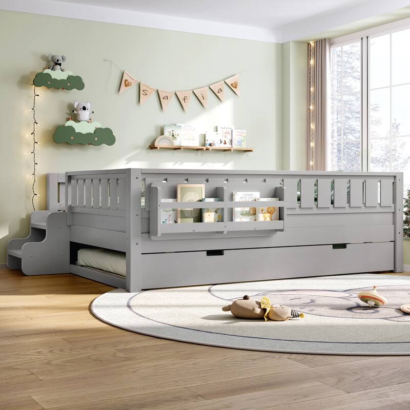 Montessori Toddler Bed with Fence, Low Profile Platform Bed for Kids with Trundle, Built-in Bookshelf and Small Staircase - Grey - Full