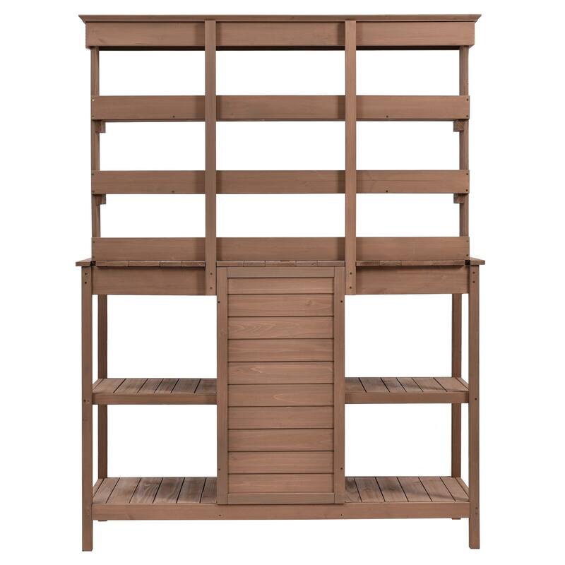 66" Farmhouse Wooden Outdoor Potting Bench Workstation - Brown