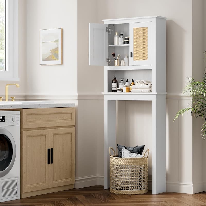 Over The Toilet Storage Cabinet with Rattan Door and Adjustable Shelf