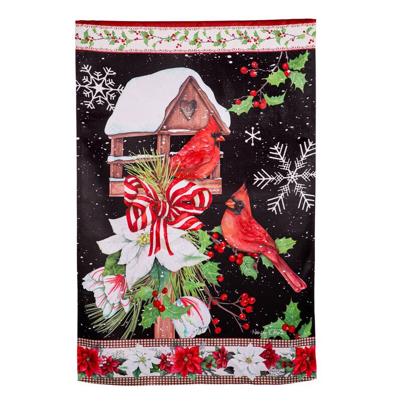 28 in. x 44 in. Joyful Cardinal Winter Visit Suede House Flag