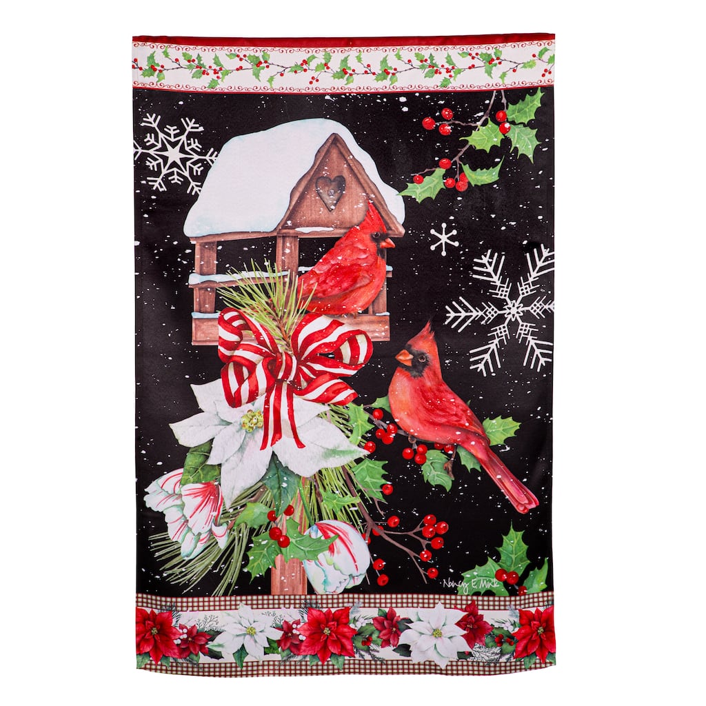 28 in. x 44 in. Joyful Cardinal Winter Visit Suede House Flag