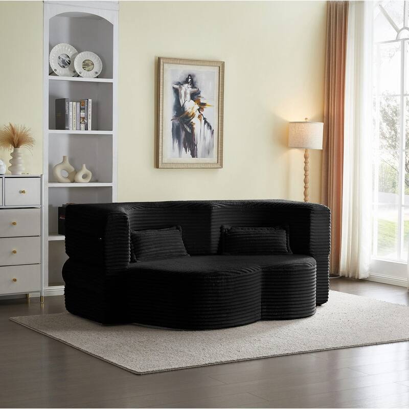 Modern 78" Full Size Convertible Corduroy Foam-Filled Sleeper Sofa,Modern Floor Sofa with 2 Pillows