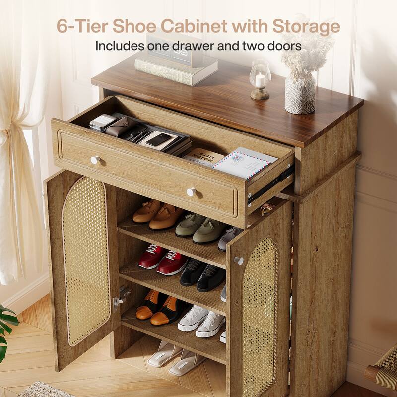 Shoe Cabinet with Doors, 6-Tier Shoe Rack with Drawer, Adjustable Shelves