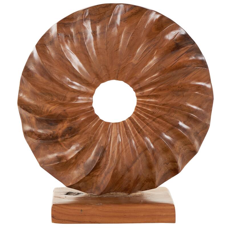 Brown Teak Wood Handmade Dimensional Circular Abstract Decorative Sculpture with Center Cutout