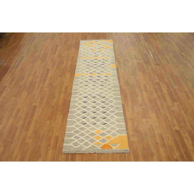 Hand Woven Oriental 100% Wool Carpet Southwestern Modern Greys & Charcoal Kilim Runner Rug - 9' 9'' X 2' 8''
