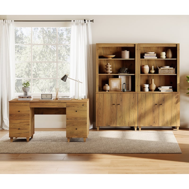 WAMPAT Home Office Furniture Set, 58" Executive Desk with Drawers, 2-Column 71" Tall Bookcase with Doors and Adjustable Shelves