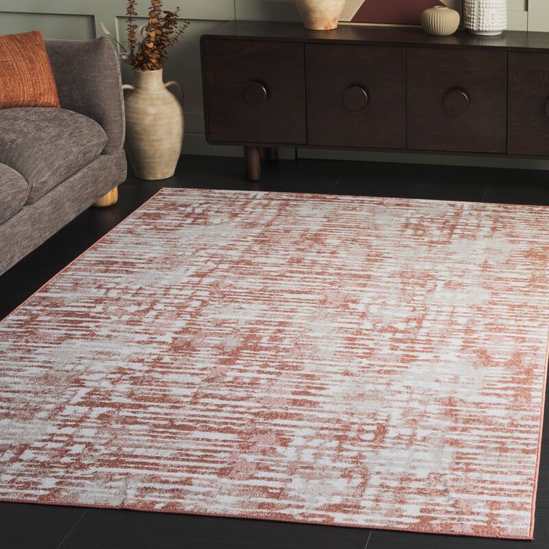 SAFAVIEH Bayside Machine Washable Neshka Modern Abstract Rug - 6'7" Square - Ivory/Orange Beige