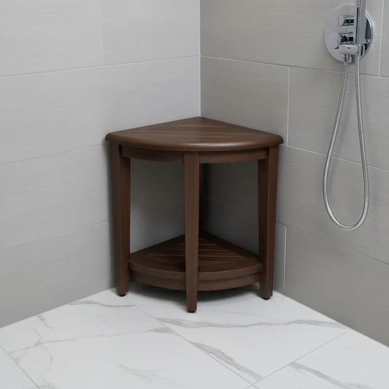 Curvilinear Dark Brown Teak 18" Corner Shower Bench With Shelf