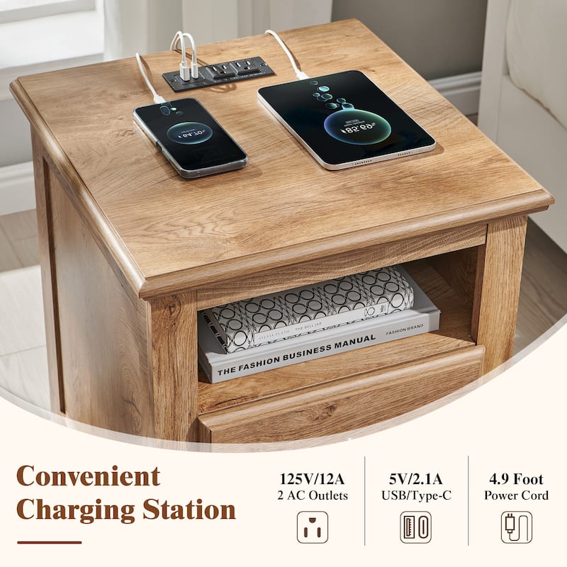 Vintage Wood Nightstand with Charging Station, End Table, Side Table