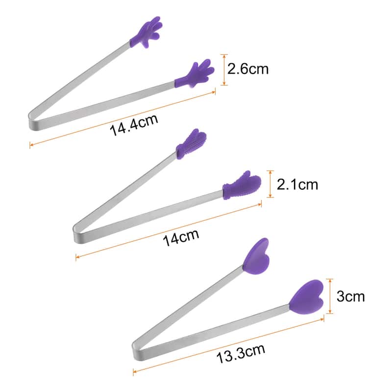 Mini Food Tongs 14cm Pattern Shape Stainless Steel with Silicon Tips - 5.5" - Purple