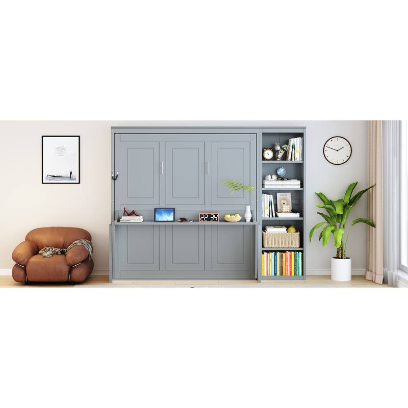 Queen Size Murphy Bed with Desk and Bookshelf in Gray, Space-saving Design
