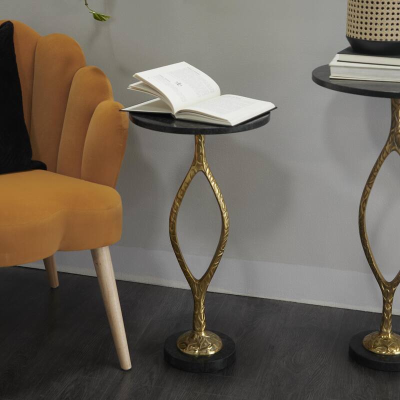 Aluminum Metal Pedestal Base Side End Accent Table with Black Marble Top - Gold - Roche River Decor