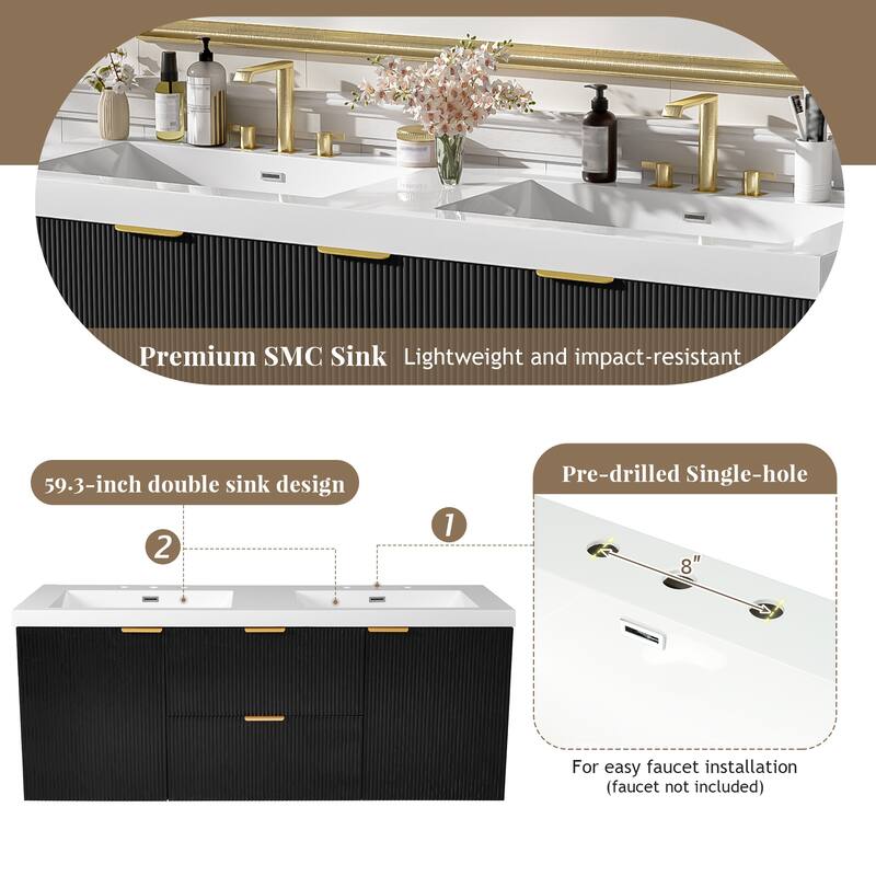 GDFStudio - Mercer Transitional Wall Mounted Bathroom Vanity Cabinet with Double SMC Sink, Soft Close Doors & Drawers