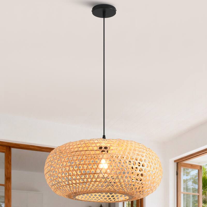 22" Bohemian Natural Bamboo Handmade Round Chandelier 1-Light Pendant Light