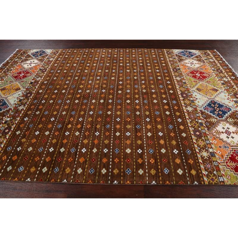 Brown Geometric Kazak Persian Living Room Area Rug Wool Hand-knotted - 6'9" x 9'9"
