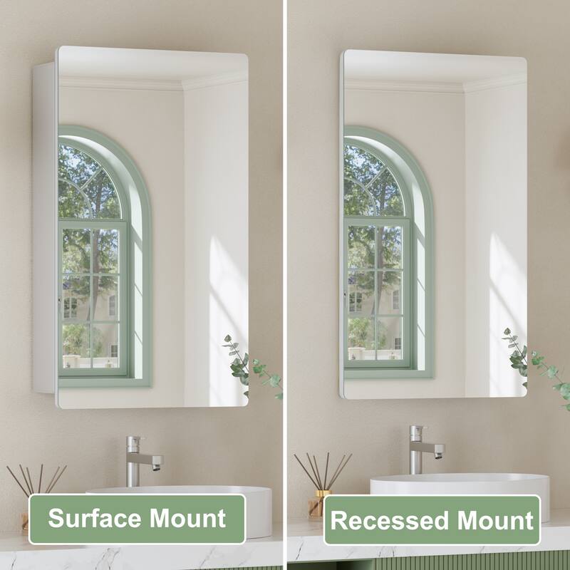 Mira Rectangular Frameless Medicine Cabinet with Mirror, Sliding Adjustable Glass Shelves, Reversible Door