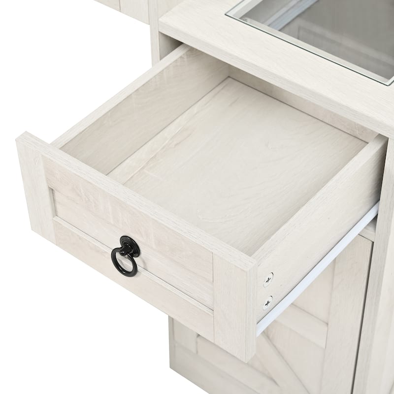 2-Piece Bedroom Makeup Vanity Set with Stool, Farmhouse Glass Top Vanity Desk with Sliding Mirror, Lights and Charging Station