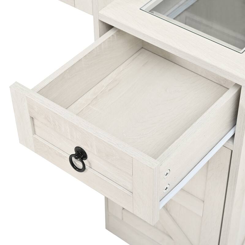 Farmhouse Makeup Vanity Desk with Square LED Mirror, Glass Top Dressing Table and Stool Set with Charging Station