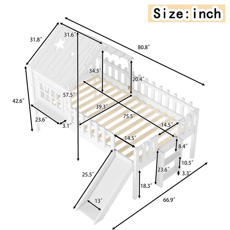 Twin Size House Loft Bed with Slide,Playhouse Bed with Star Moon-shaped Designs and Window, Chic Design with LED Lights
