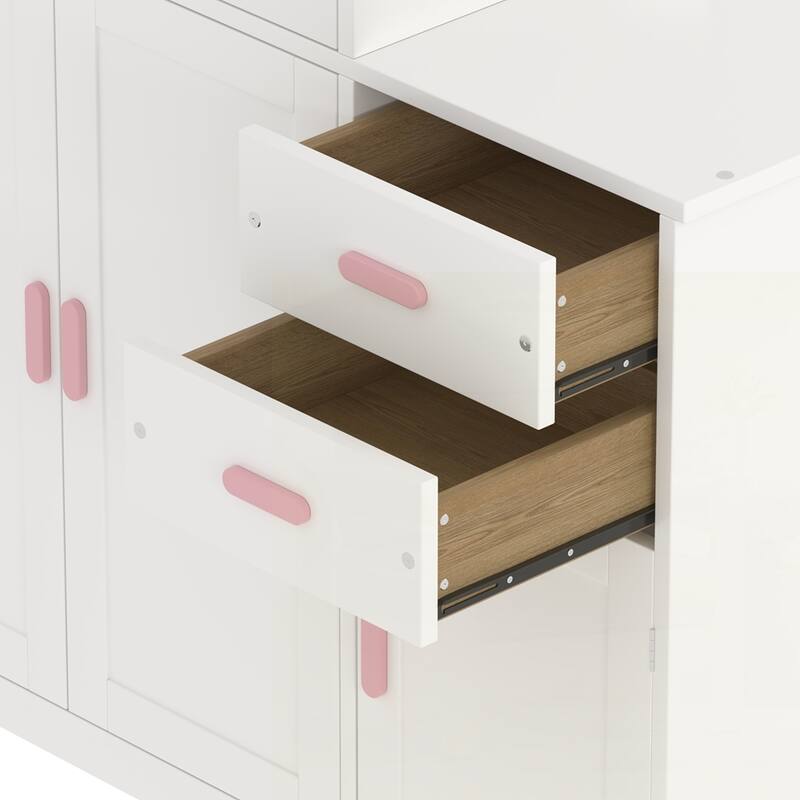 Wood Platform Bed with Sample Bookshelf and Movable Wardrobe