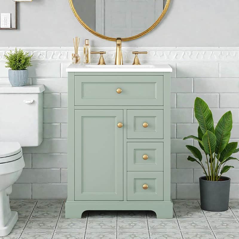 24" Bathroom Vanity with Sink, 3 Drawers and Cabinet with Door Storage Rack, MDF and Pine Wood, Modern Design - Green