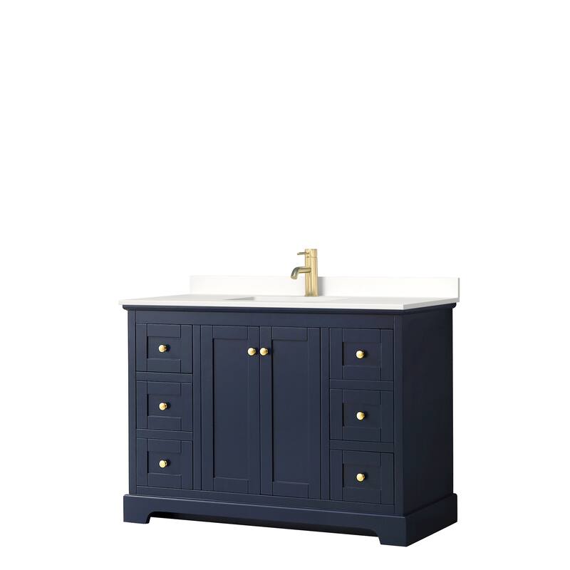 Avery 48-inch Single Vanity, Quartz Top - Dark Blue, Gold Trim, White Quartz Top