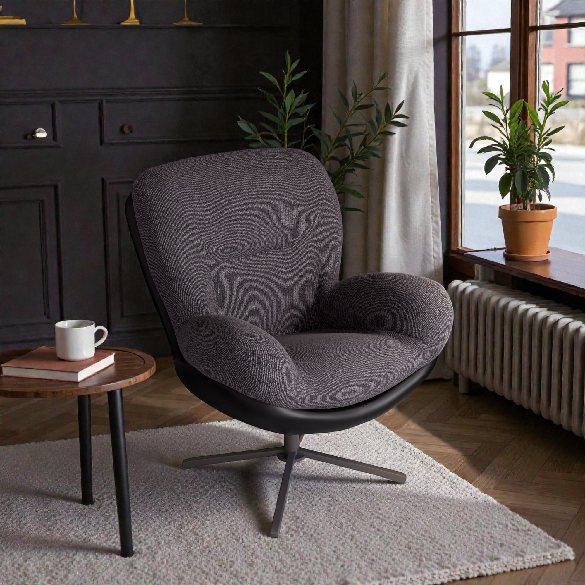 360°Swivel Accent Chair with Chenille and Faux Leather Upholstery, Office Chair, Wingback Lounge Chair with Metal Base