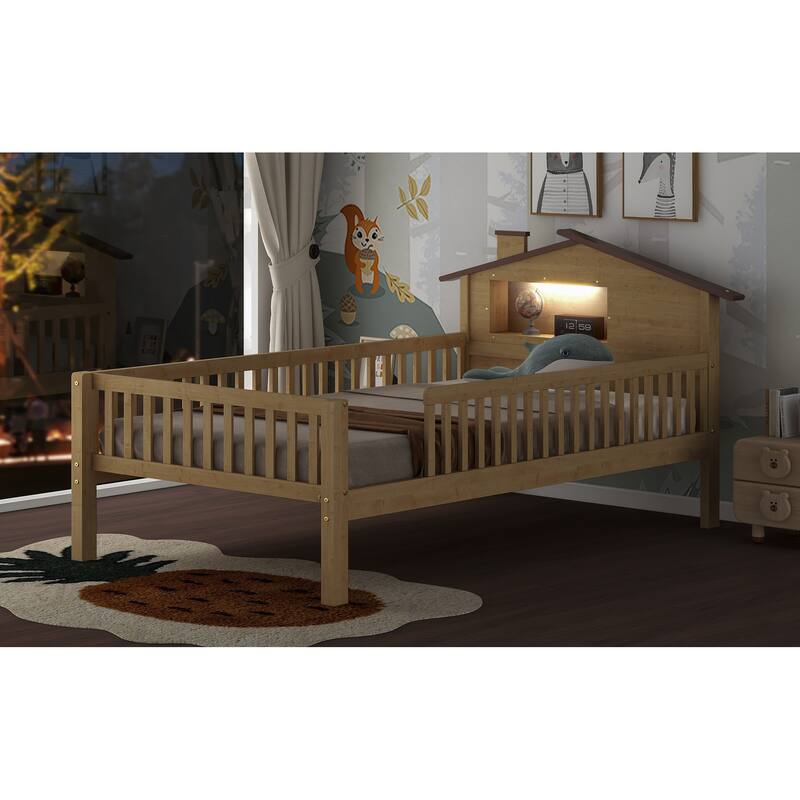 Natural Twin Size Wood Platform Bed with House-shaped Headboard, LED, and Storage