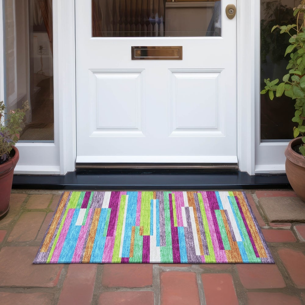 Machine Washable Indoor/ Outdoor Modern Stripes Chantille Rug