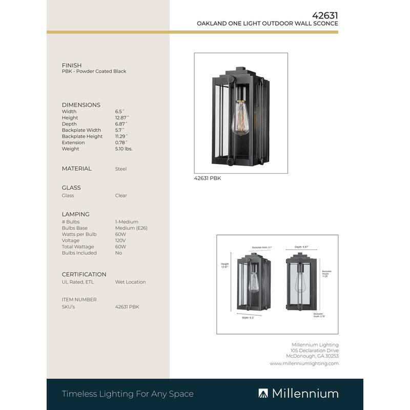 Millennium Lighting Oakland 1 Light Outdoor Wall Sconce in powder Coat Black