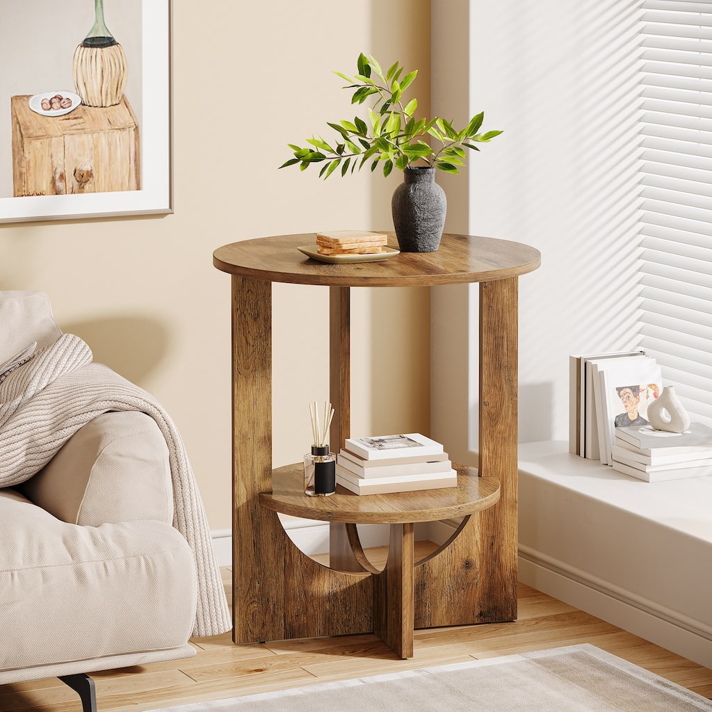 2-Tier Round End Table with Storage, Brown - 1-Piece