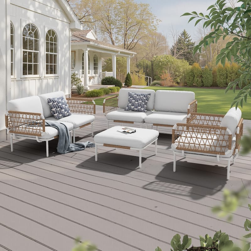 Outdoor Cushioned Sectional Sofa Chat Set Patio Conversation Seating Set - Beige - 6-Seat